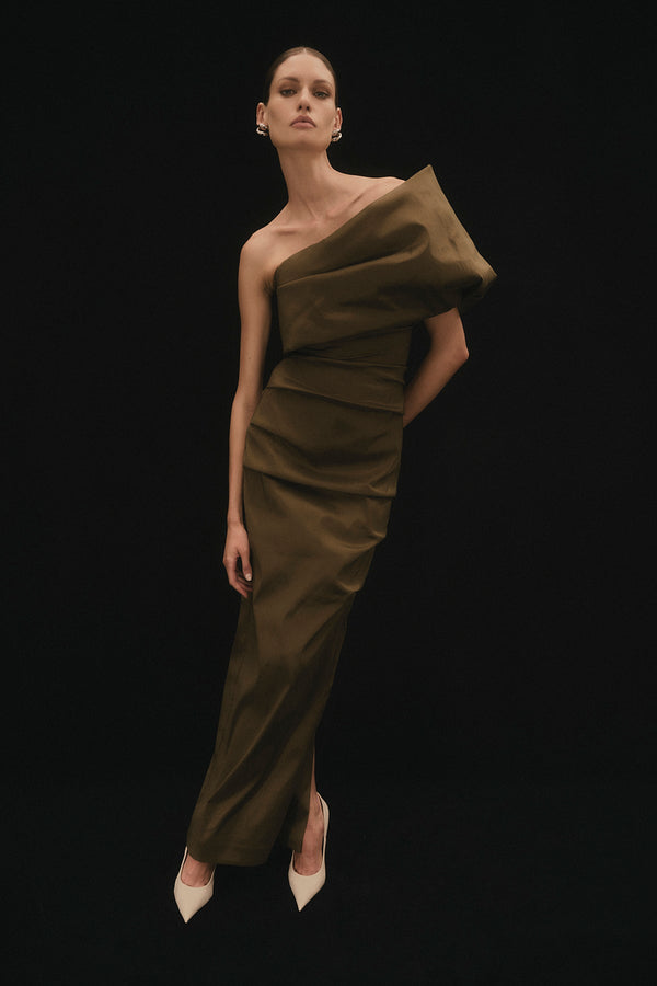 Rachel Gilbert Kat Gown Olive | Shop Rachel Gilbert Online – Rachel Gilbert US