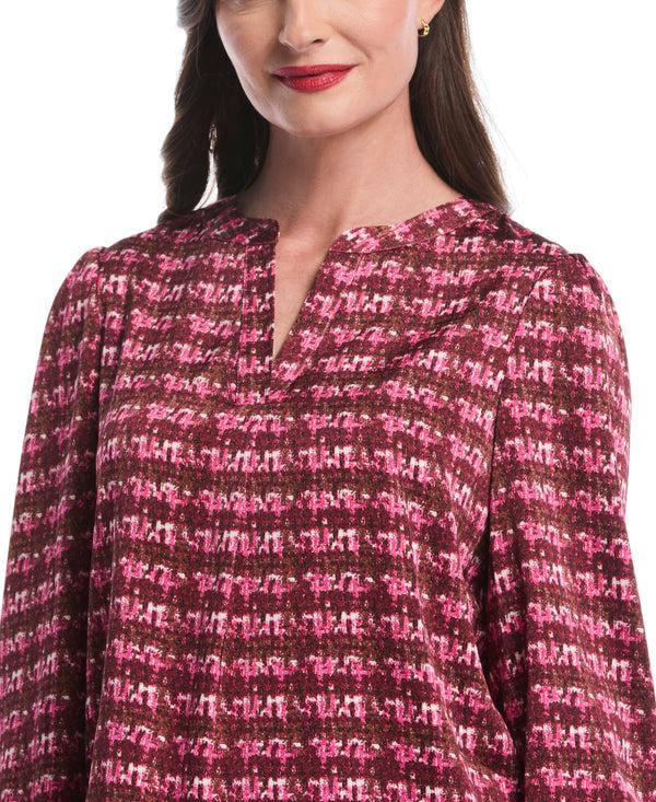Rafaella Crosshatch Print Split Neck Popover Blouse
