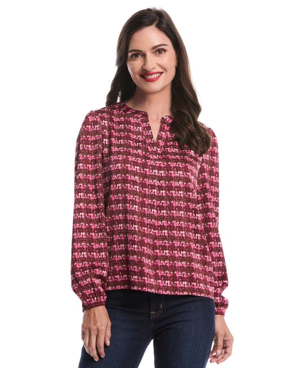 rafaella Crosshatch Print Split Neck Popover Blouse