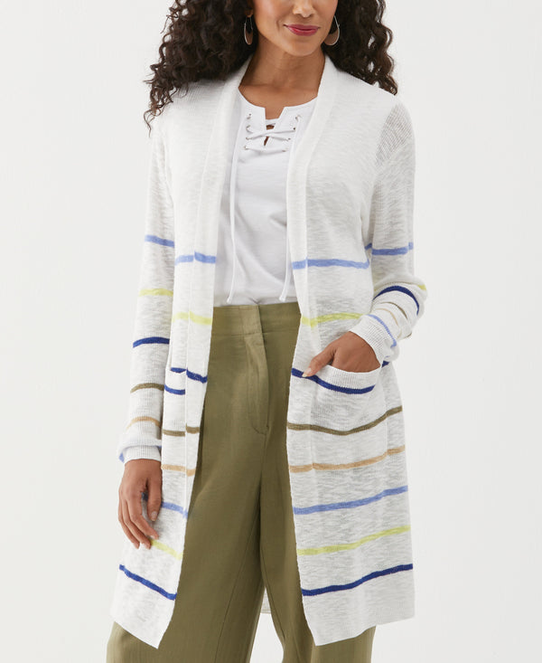 rafaella Organic Cotton-Linen Blend Striped Duster Cardigan Sweater