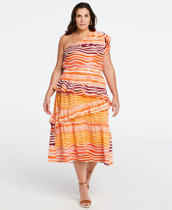 rafaella Plus Size 100% Cotton One Shoulder Ruffle Midi Dress