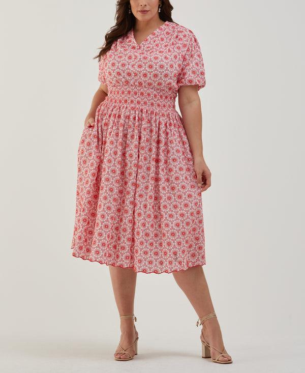 rafaella Plus Size Daisy Embroidered Smocked Puff Sleeve Dress