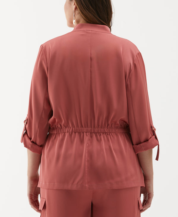 Rafaella Plus Size Drawstring Cord Waist Shine Roll Sleeve Jacket