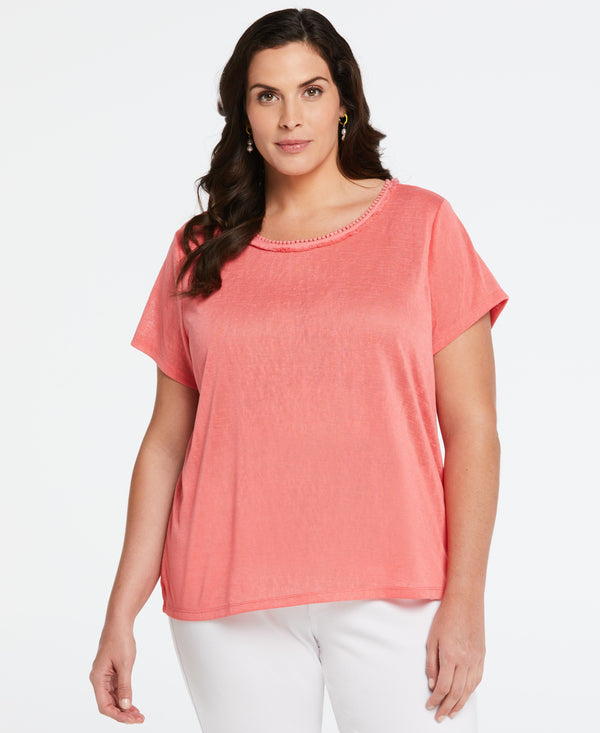 Rafaella Plus Size Eco Fabric Short Sleeve Top With Decorative Trim
