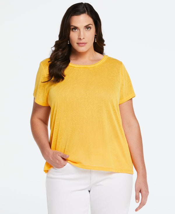 rafaella Plus Size Eco Fabric Short Sleeve Top with Decorative Trim