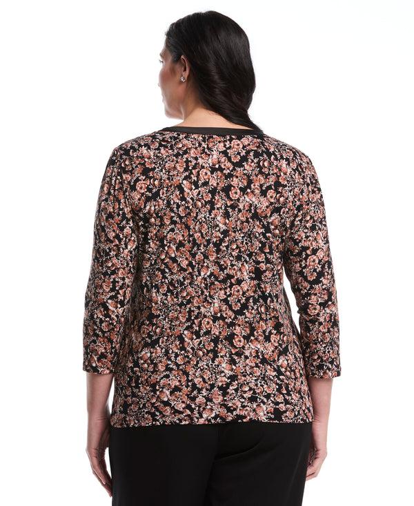 Rafaella Plus Size Floral Print 3/4 Puff Sleeve V-Neck Top