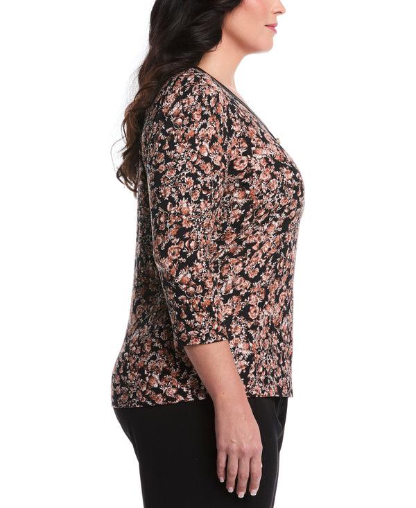 Rafaella Plus Size Floral Print 3/4 Puff Sleeve V-Neck Top