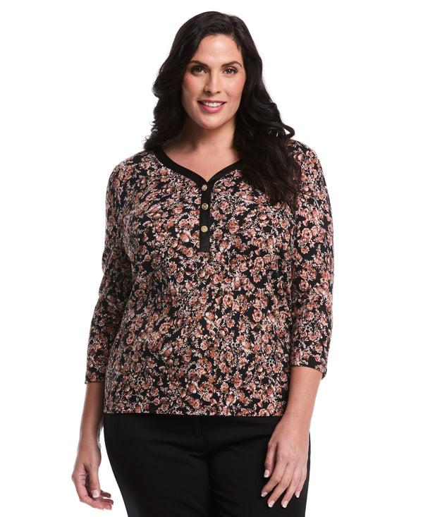 rafaella Plus Size Floral Print 3/4 Puff Sleeve V-Neck Top