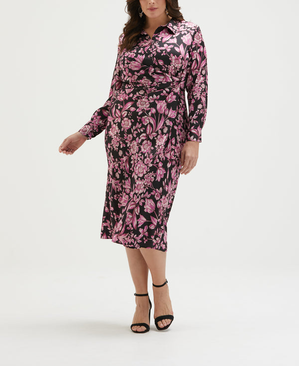 rafaella Plus Size Floral Print Gathered Popover Midi Dress