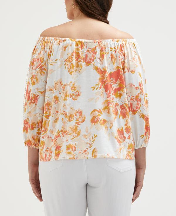 Rafaella Plus Size Floral Print Lace Trim Off The Shoulder Top