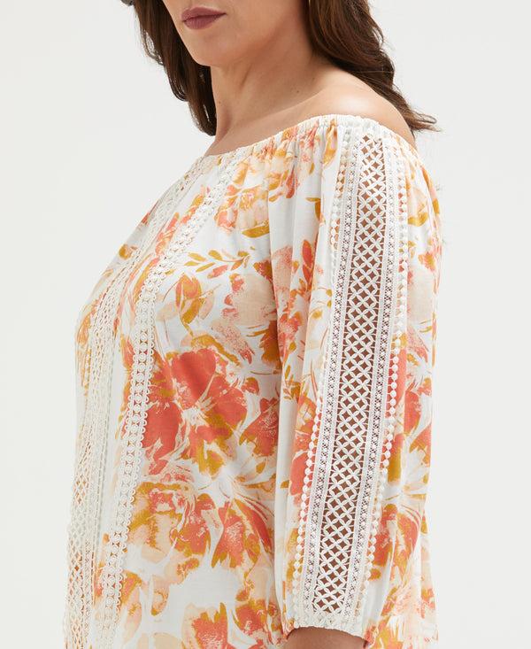 Rafaella Plus Size Floral Print Lace Trim Off The Shoulder Top
