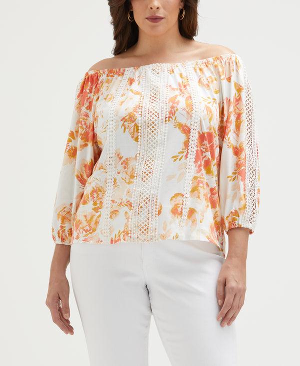 rafaella Plus Size Floral Print Lace Trim Off the Shoulder Top