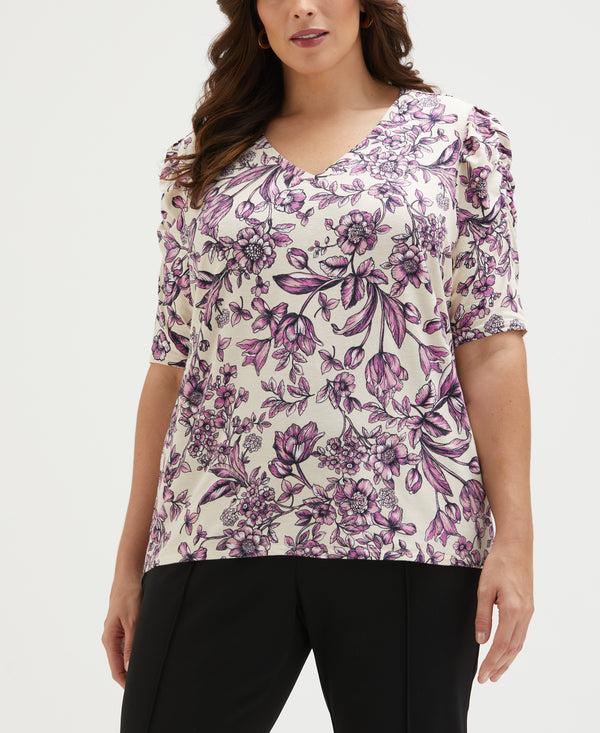 Rafaella Plus Size Floral Print Puff Elbow Sleeve Top