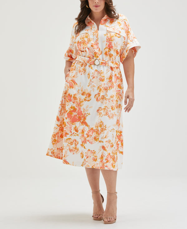 rafaella Plus Size Floral Print Utility Shirt Dress