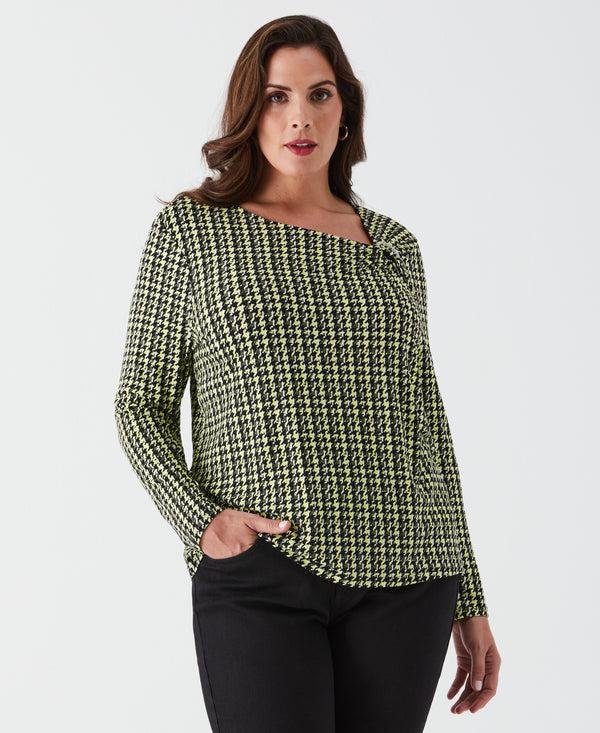 Rafaella Plus Size Houndstooth Print Asymmetric Neck Top
