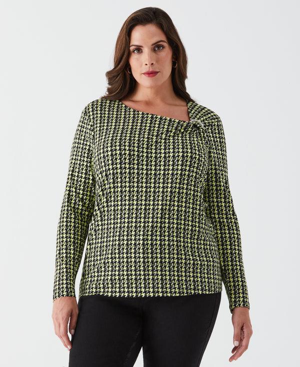 rafaella Plus Size Houndstooth Print Asymmetric Neck Top