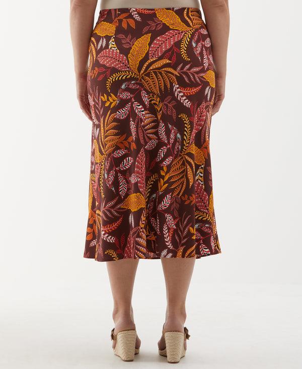 Rafaella Plus Size Leaf Print Shine Midi Bias Skirt