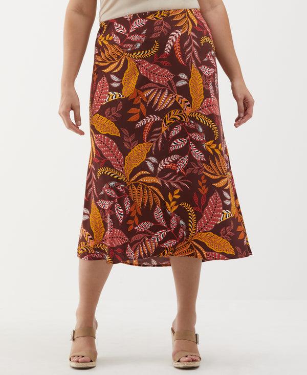 rafaella Plus Size Leaf Print Shine Midi Bias Skirt
