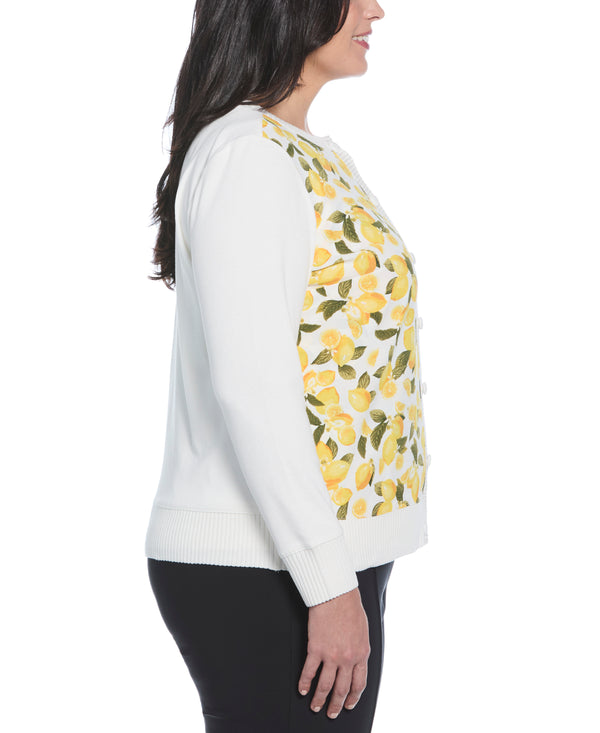 Rafaella Plus Size Lemon Print Woven Front Cardigan