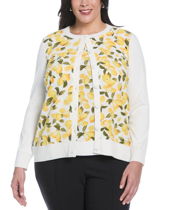 rafaella Plus Size Lemon Print Woven Front Cardigan