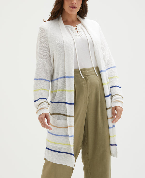 rafaella Plus Size Organic Cotton-Linen Blend Striped Duster Cardigan Sweater