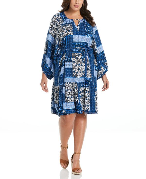 rafaella Plus Size Paisley Print Flounce Dress with Self Fabric Tie