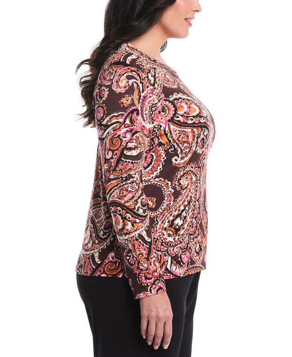 Rafaella Plus Size Paisley Print Laced Crew Neck Top