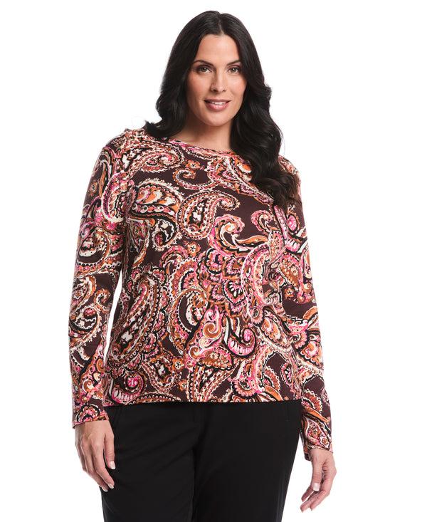 rafaella Plus Size Paisley Print Laced Crew Neck Top