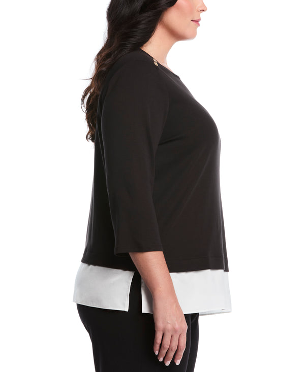 Rafaella Plus Size Rivet Detail Mixed Media Layered Top