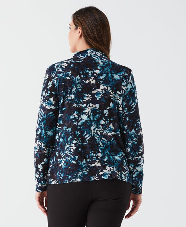 Rafaella Plus Size Shadow Damask Print Ruched Mock Neck Top