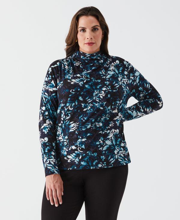 Rafaella Plus Size Shadow Damask Print Ruched Mock Neck Top