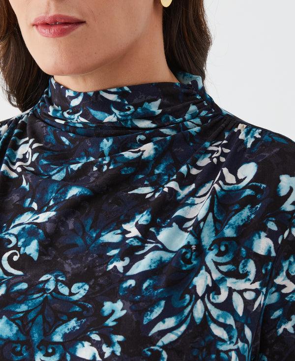 Rafaella Plus Size Shadow Damask Print Ruched Mock Neck Top