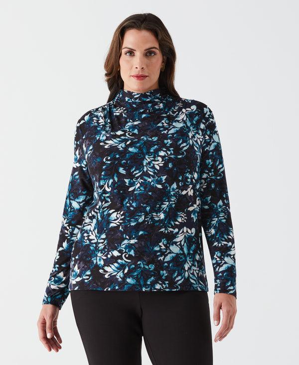 rafaella Plus Size Shadow Damask Print Ruched Mock Neck Top