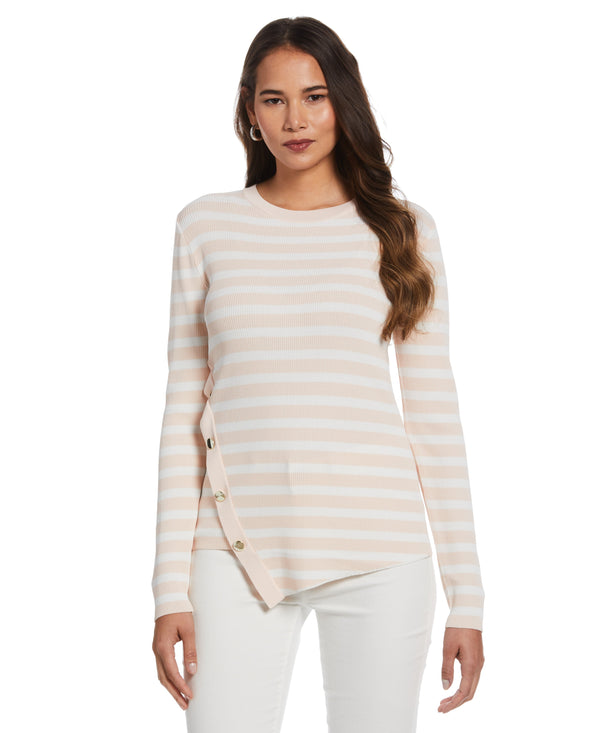 rafaella Plus Size Snap Trim Stripe Asymmetrical Sweater