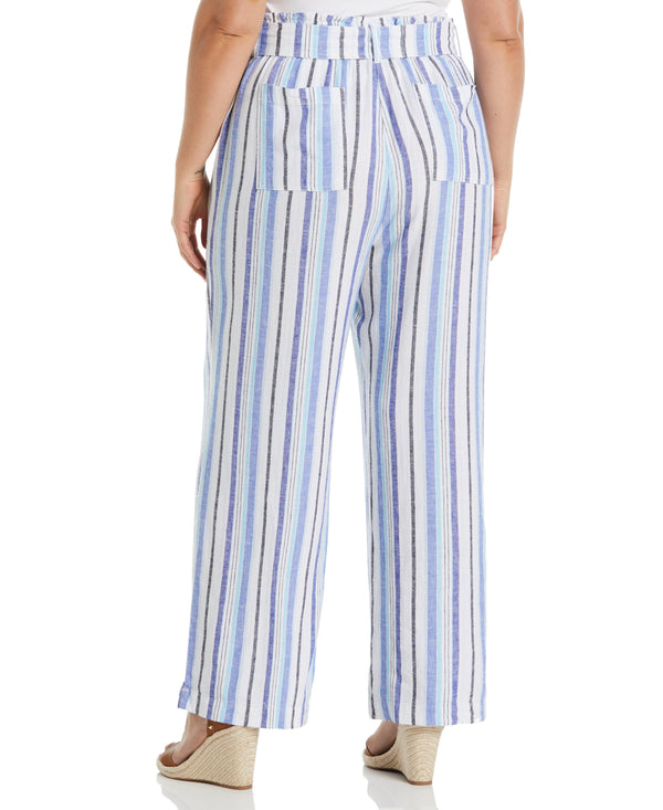 Rafaella Plus Size Stripe Wide Leg Linen Blend Paper Bag Pant
