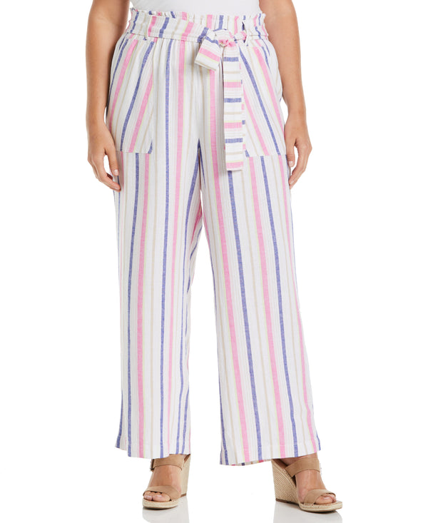 Rafaella Plus Size Stripe Wide Leg Linen Blend Paper Bag Pant