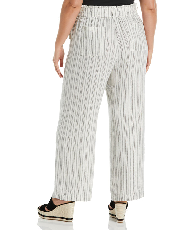 Rafaella Plus Size Stripe Wide Leg Linen Blend Paper Bag Pant