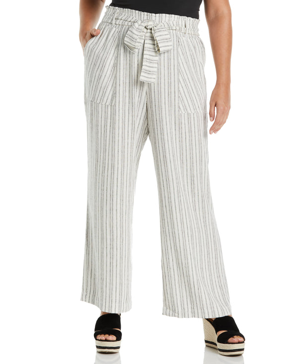 Rafaella Plus Size Stripe Wide Leg Linen Blend Paper Bag Pant