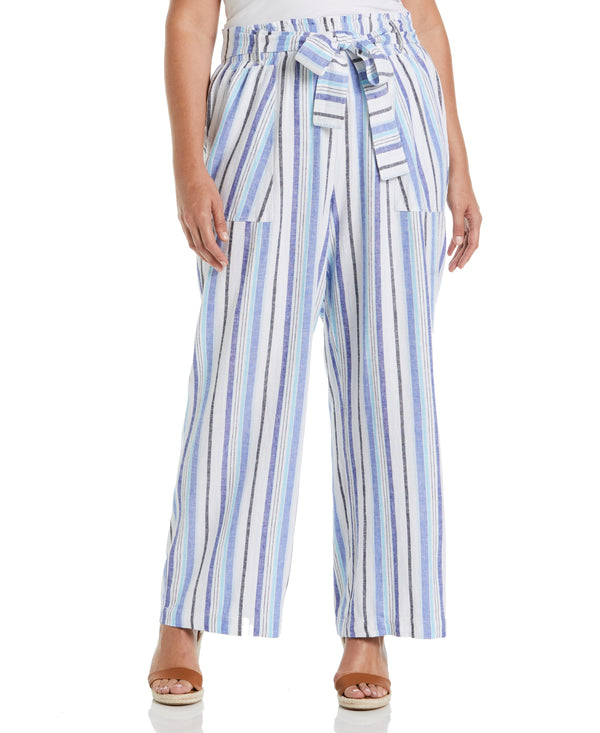 rafaella Plus Size Stripe Wide Leg Linen Blend Paper Bag Pant