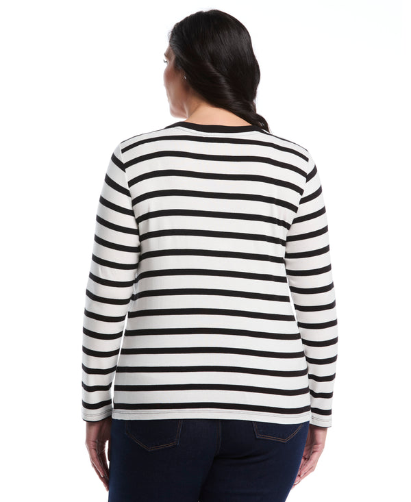 Rafaella Plus Size Striped Print Embellished Neck Top