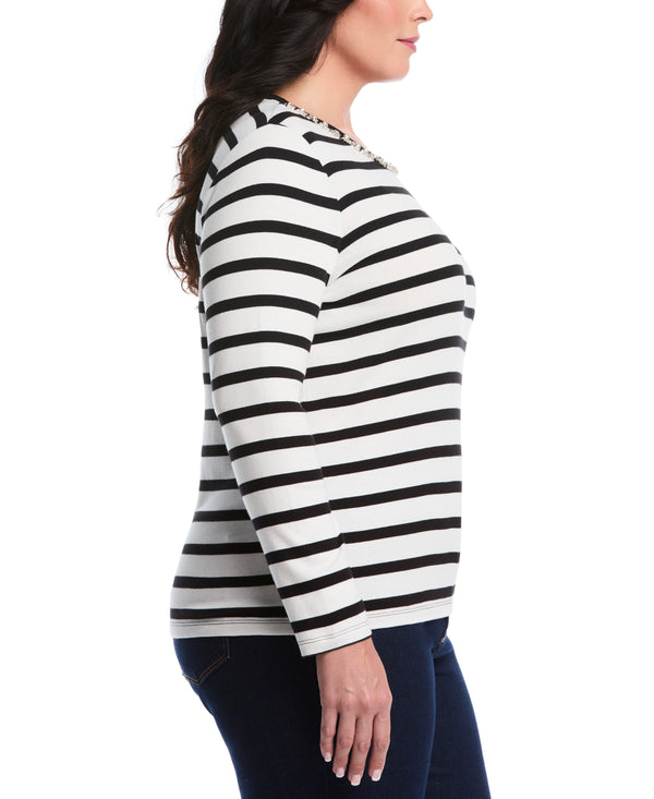 Rafaella Plus Size Striped Print Embellished Neck Top