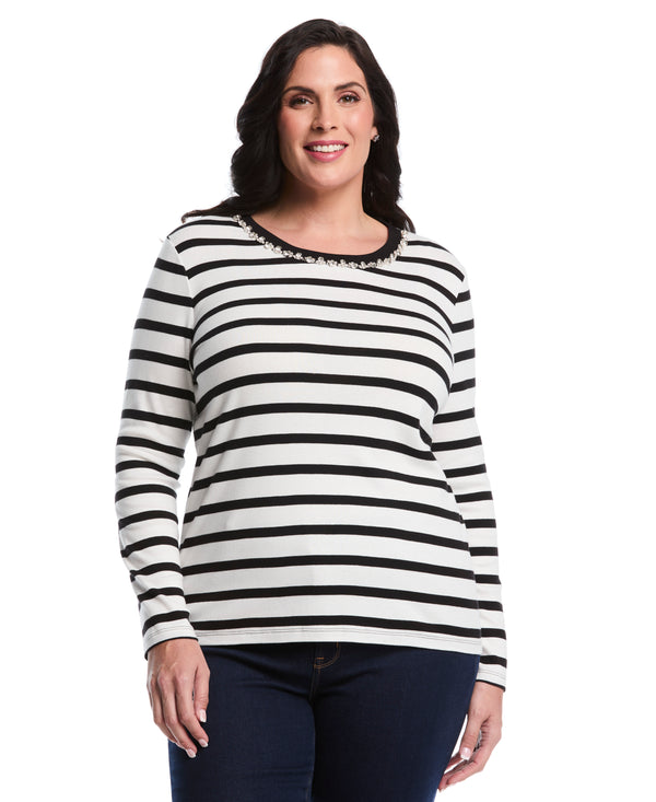 rafaella Plus Size Striped Print Embellished Neck Top