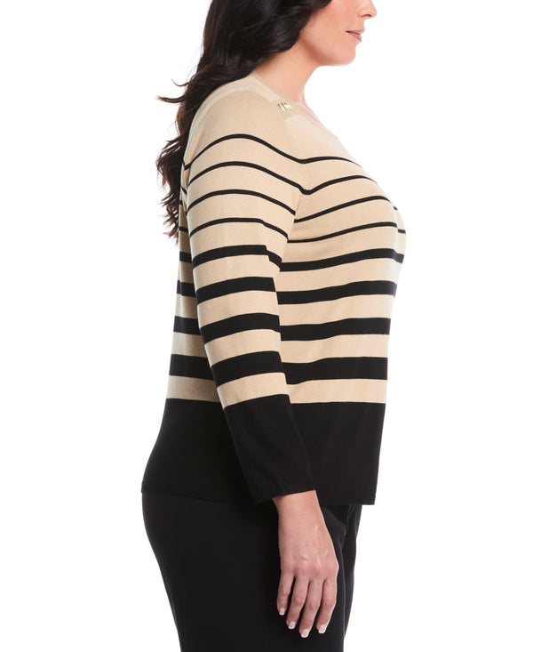 Rafaella Plus Size Striped Print Rivet Detail Sweater