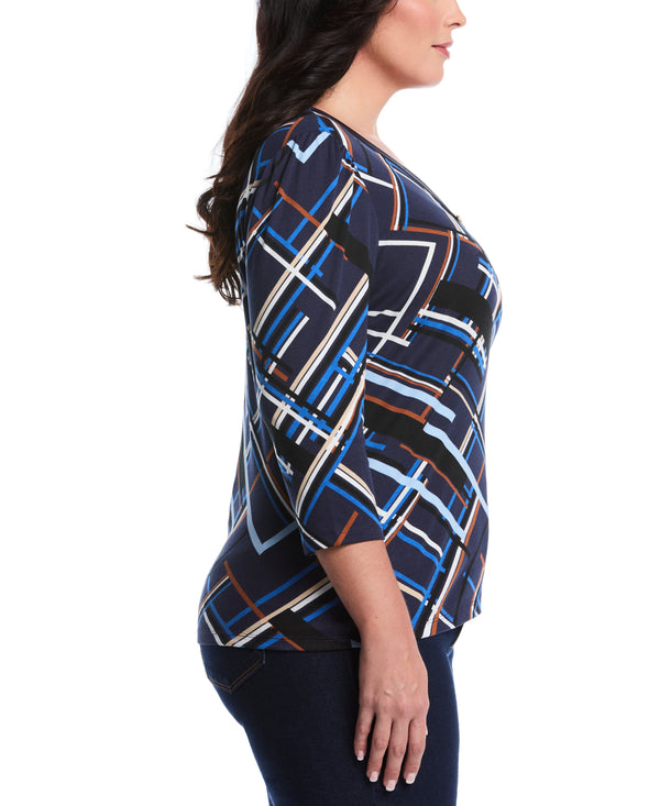 Rafaella Plus Size Tossed Stripe Print 3/4 Puff Sleeve V-Neck Top