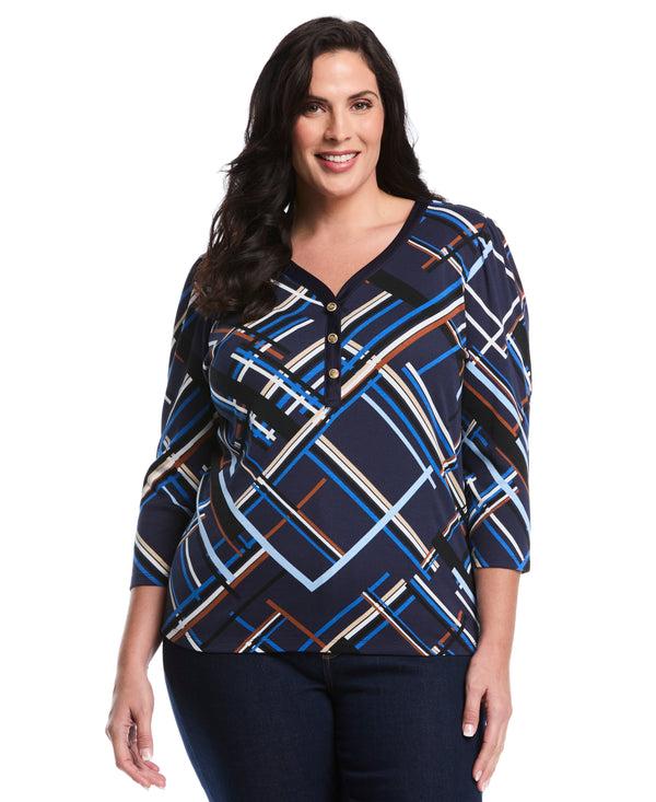 rafaella Plus Size Tossed Stripe Print 3/4 Puff Sleeve V-Neck Top