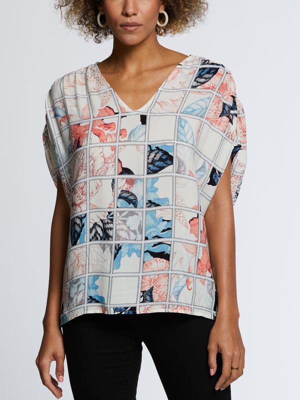 rafaella Eco Fabric Ruched Tie Sleeve V-Neck Top