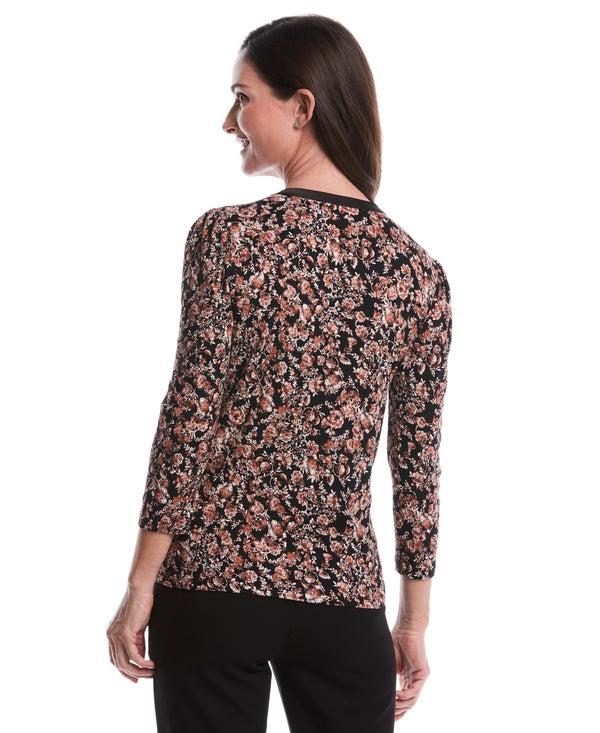 Rafaella Floral Print 3/4 Puff Sleeve V-Neck Top