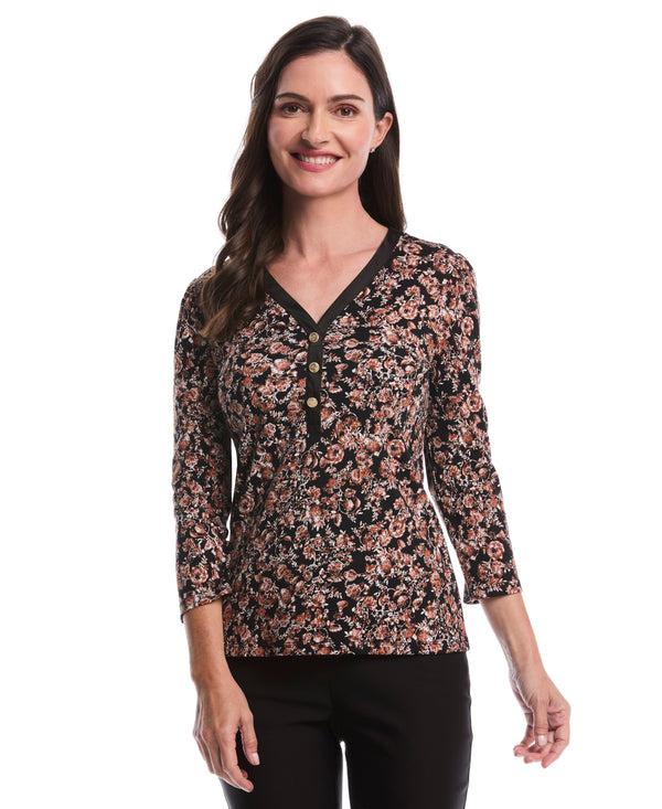 rafaella Floral Print 3/4 Puff Sleeve V-Neck Top