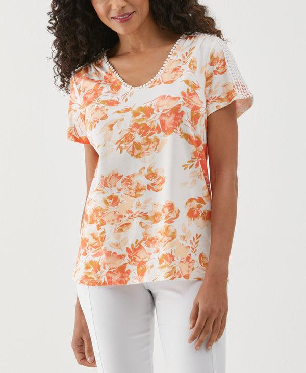rafaella Floral Print Dot Trim Tee