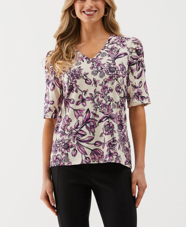 Rafaella Floral Print Puff Elbow Sleeve Top